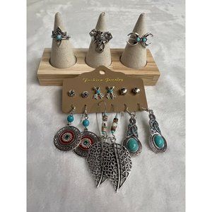 Ladies BOHO Turquoise Earring and Ring Set of 9